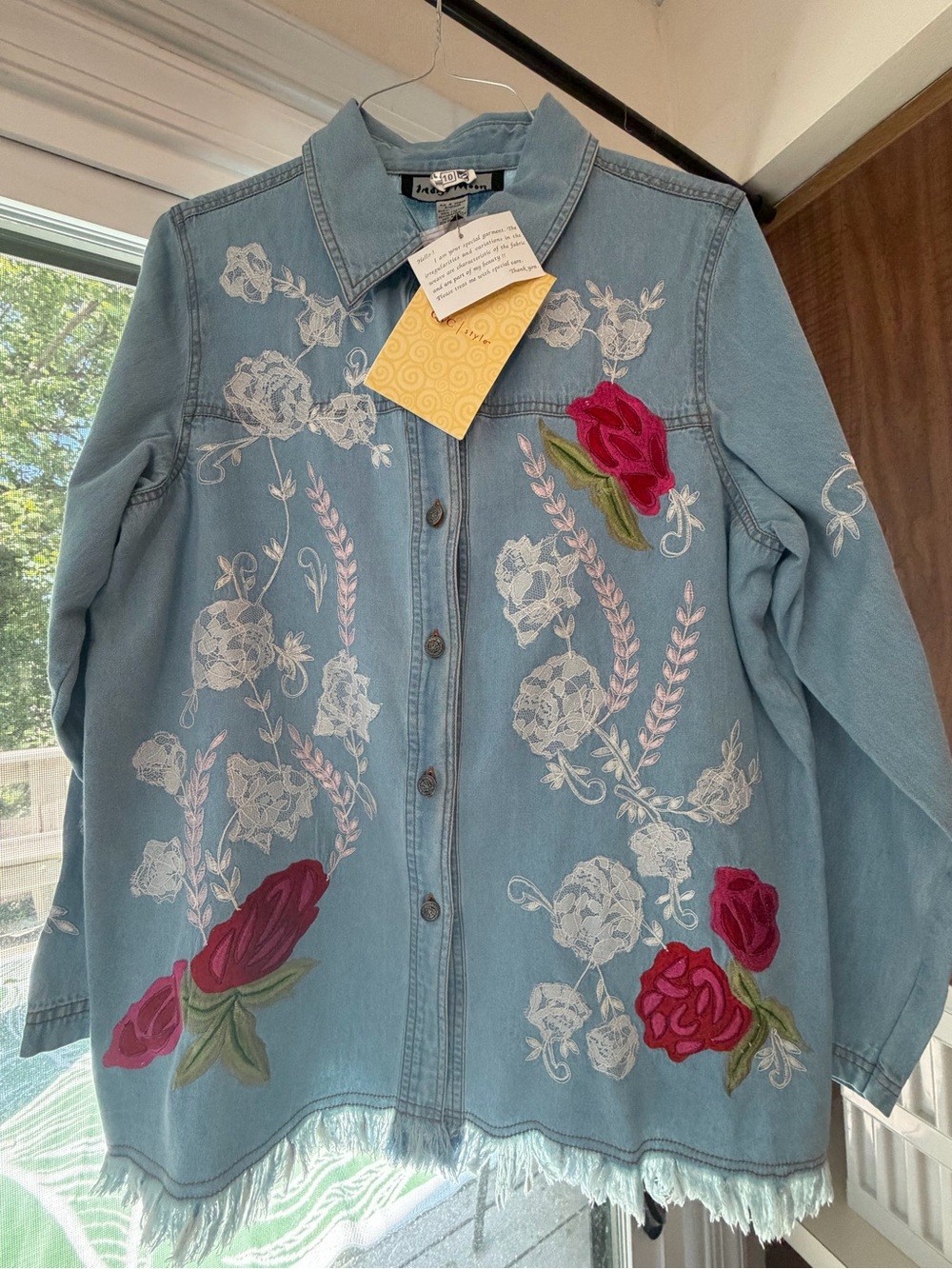 Women’s Indigo Moon QVC Embroidered Denim Jacket with Roses- Size L NWOT